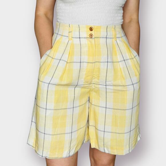 90s The Limited Yellow Navy Window Pane Plaid Shorts - Picture 5 of 7